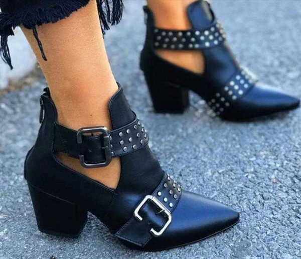 

women's shoes woman boots ladies vintage ankle shoes female rome pointed toe casual single short boots woman rivet, Black