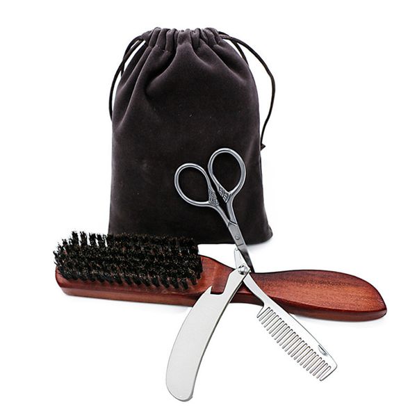 

brand new 3 pcs folding comb scissors beard brush combs beard care set grooming men facial cleaning barber trimming kits, Silver