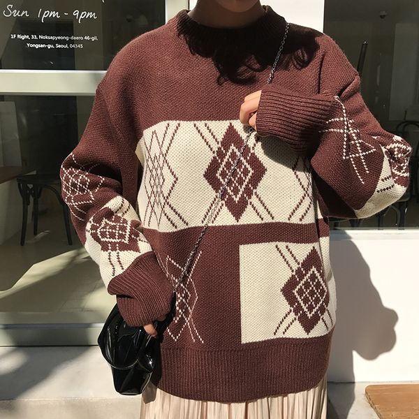 

4 colors 2019 autumn and winter korean style plaid color patchwork loose knitted sweaters womens sweaters and pullovers (x659, White;black