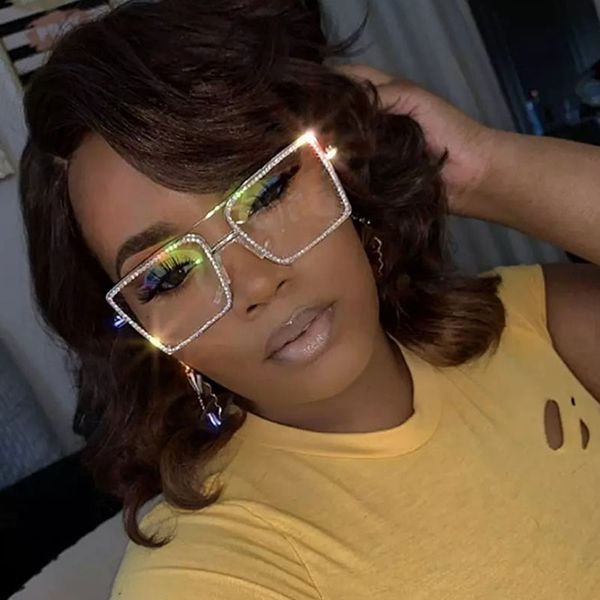 

square sunglasses retro large frame women point diamond flat mirror street stransparent lens sun glasse, White;black