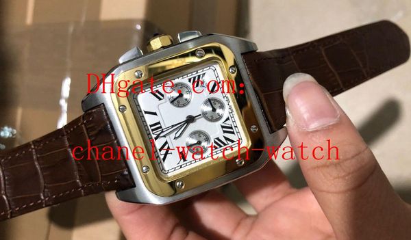 

men's 100 xl chronograph quartz watch stainless steel & 18k yellow gold mens sport watches brown leather band, Slivery;brown