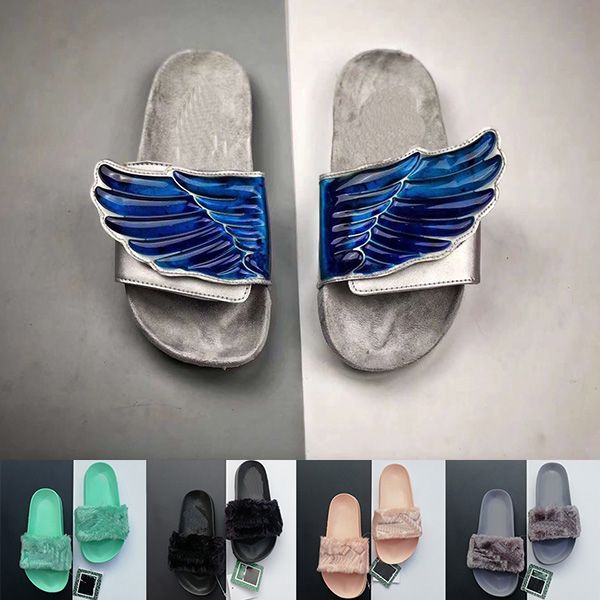 

2019 Luxury Leadcat Rihanna Faux Fur Slippers Fashion Womens Girls Sandals Blue Wing Red Pink Fur Scuffs Ladies Slides