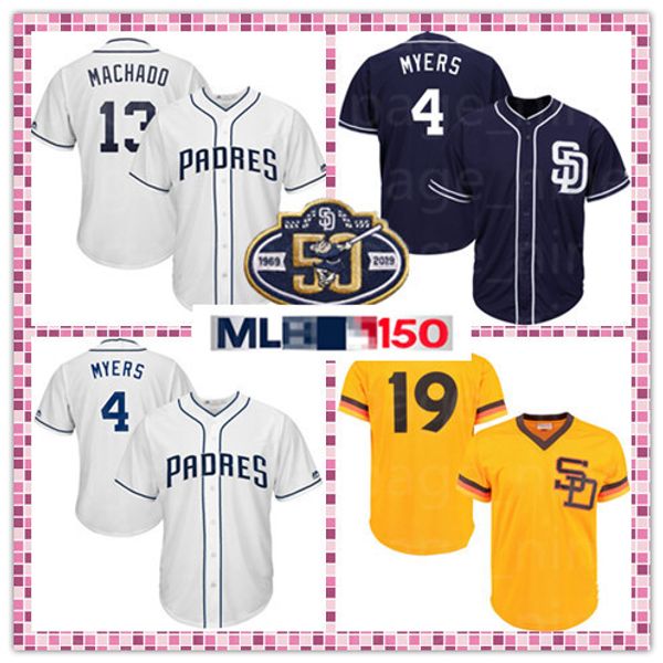 

13 Manny Machado 50th Patch San Diego 19 Tony Gwynn Jersey 4 Wil Meyers 100% Stitched Cool Base Mesh Baseball Jerseys