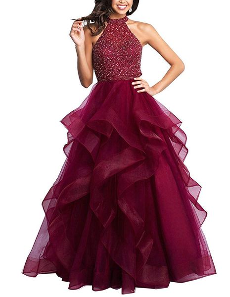 

setwell halter a-line evening dress sleeveless backless ruffled fully beaded floor length prom party gown, Black;red