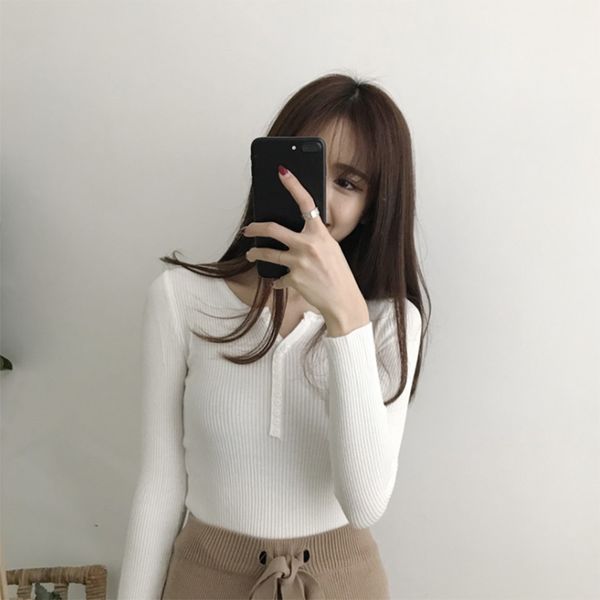 

v neck white sweaters women autumn winter new long sleeve slim solid streetwear knitted korean pullover, White;black