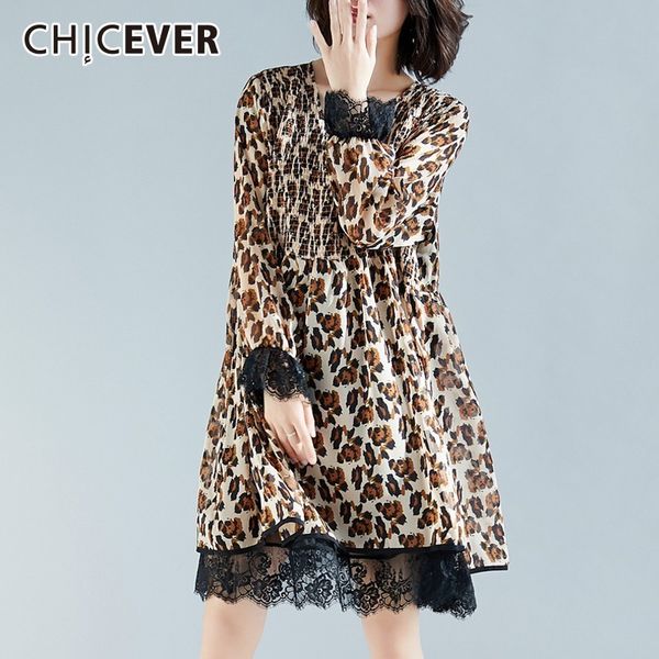 

chicever patchwork lace female dresses for women v neck lantern sleeve leopard print chiffon dress oversize clothes spring new, Black;gray