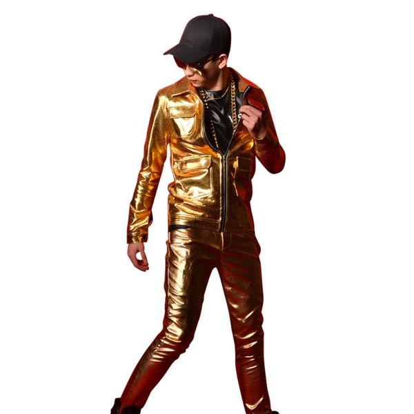 

сшитое 2 шт наборы men gold leather jacket брючный мужской моды slim fit coat певица танцор dj сценические костюмы, Black;brown