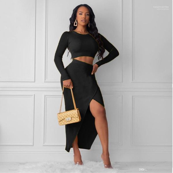 

female clothing ol casual apparel womens autumn designer 2pcs dresses solid color long sleeve split style, White