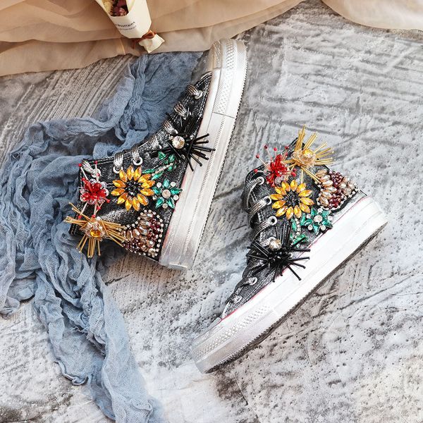 

women's rhinestone canvas sneakers shoes hand three-dimensional rhinestone flower tassel flats breathable casual shoes wk147