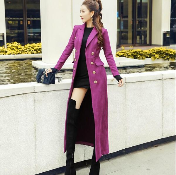 

2019 autumn winter new european and american big temperament double-breasted deerskin slim slim long coat coat women's clothing, Black