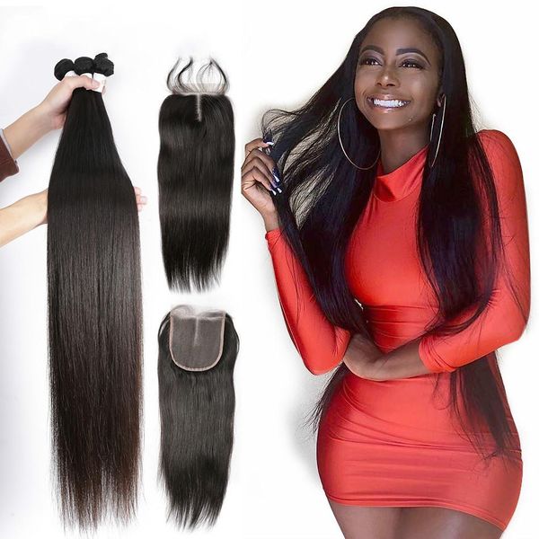 

instaone hair 8a brazilian straight lace frontal closure 13x4 part pre preplucked with 3 bundles 100% human virgin hair, Black