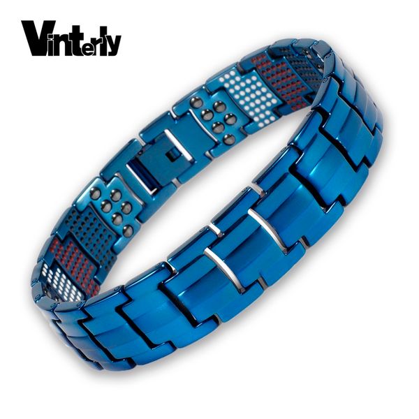 

vinterly mens titanium bracelet blue chain link health energy mulit germanium magnetic hematite bangle bracelets for men jewelry, Golden;silver