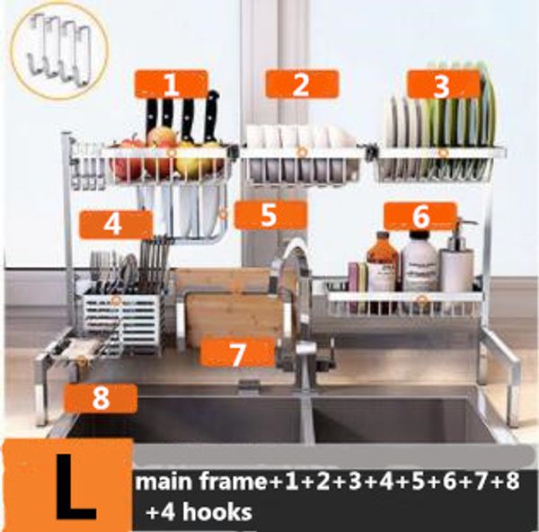 

304 stainless steel kitchen dish rack 83cm double slot bowl rack 9pcs/set kitchen organizer storage holder l set vc2