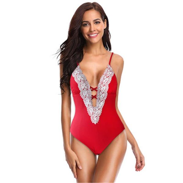 

lace backless women swimsuits slim solid color v-neck casual summer bikini fashion female siamese swimwear clothing, White;black