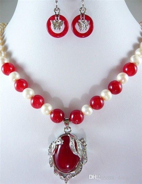

beautiful red jade&white pearl necklace pendant earring set 18", Silver