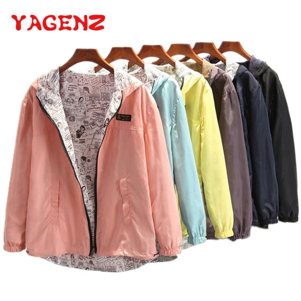 

yagenz women casual basic jacket pocket zipper hooded two side wear cartoon print outwear coat autumn bomber ladies jacke 368, Black;brown