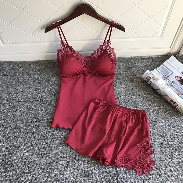 

women clothes for summer shorts sets v-neck sleepwear satin pajama women's pajamas spaghetti strap lace pajama set, Black;red