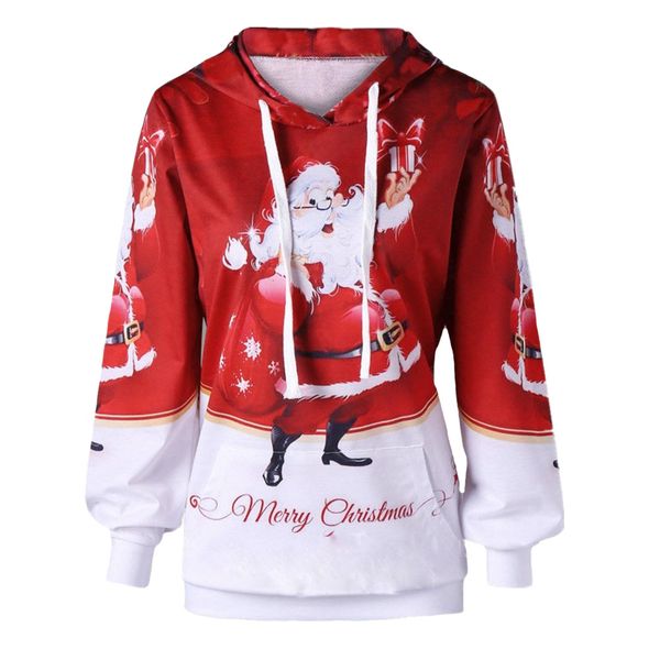 

casual lady christmas sweater funny santa claus hooded sweater santa print loose pullover autumn and winter hooded christmas top, White;black