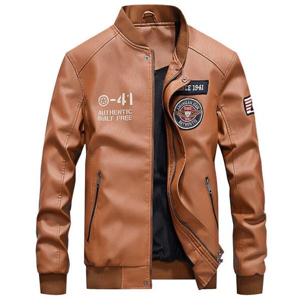 

pu leather jacket men new brand spring autumn stand collar baseball leather coat mens fashion embroidery 4xl motorcycle jackets, Black