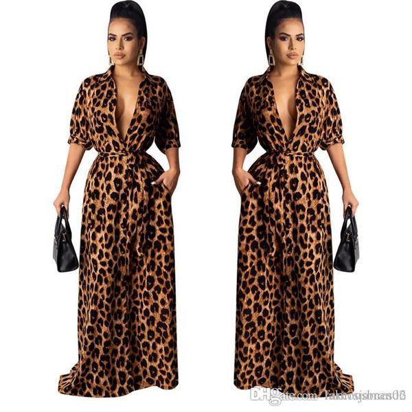 

womens leopard desinger maxi dresses autumn v neck half sleeve female clothing fashion style casual apparel, Black;gray