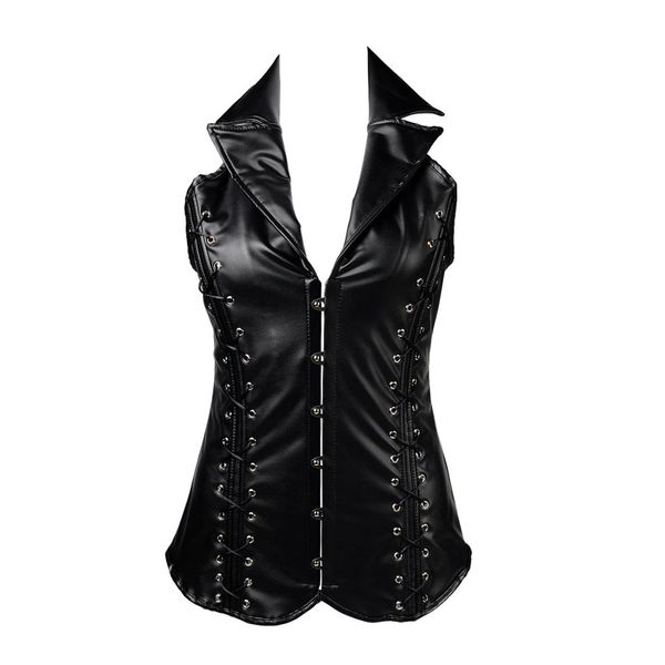 

corset steampunk gothic bustier waist trainer women's gothic v-neck push up faux leather spiral steel boned halter corset, Black;white
