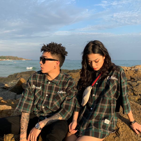 

consciousness shirt rode en zwarte plaid nieuwe zomer fashion chemise homme heren geruite korte mouw mannen blouse, White;black