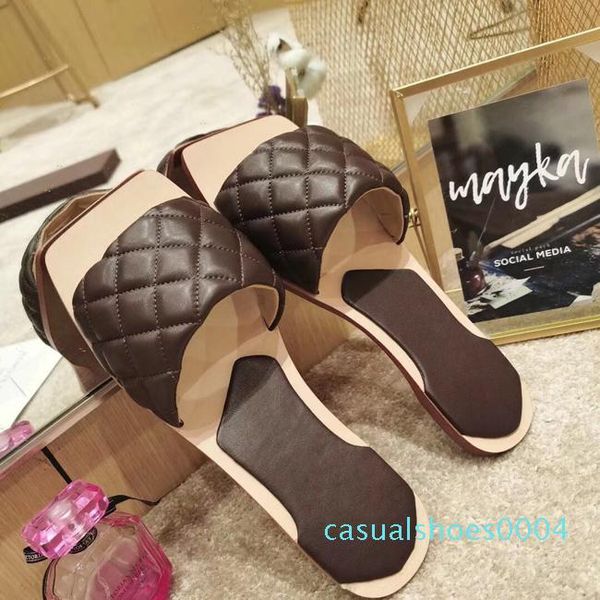 

summer 10 color the latest leather slippers luxury matte leather checked women shoes open-toed women flat heel sandals beach shoe ac04, Black
