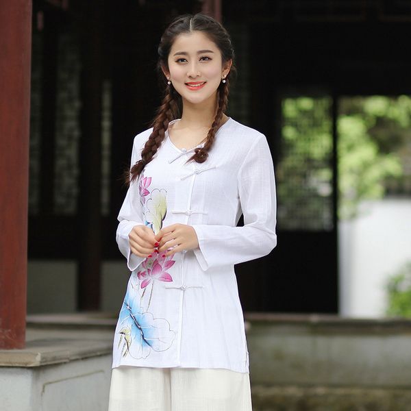 

summer cotton and linen long sleeve women's traditional chinese clothing lady slimming long printed coat tang suit, Red
