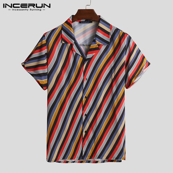 

incerun summer colorful striped hawaiian shirt men short sleeve turn-down collar beach casual blouse streetwear 2020 camisa 5xl, White;black