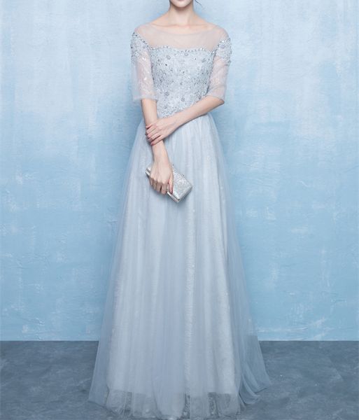 

silver gray bridesmaid dress long lace scoop half sleeves zipper back floor length applique with beads, White;pink