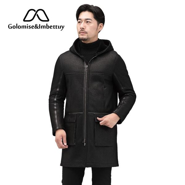 

golomise&imbettuy men real sheepskin leather jacket/coat casual genuine/natural lamb/wool fur shearling jacket/coat with hooded, Black