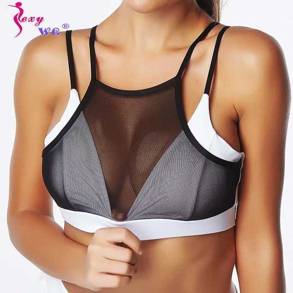 

sexywg дышащий спорт bras йога рубашки жилет женщин sexy белый черный mesh спорт top crop push up brassiere спортивная йога бюстгальтер, White;black