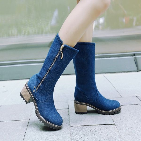 

us4-11 womens round toe denim jeans mid calf boots oxfords block chunky heel shoes side zip motorcyle plus size 3colors a1232, Black
