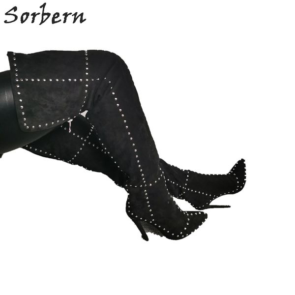 

rivet wide fit thigh boots women high heel stilettos open back runway shoes drag heels vegan leather faux suede custom, Black