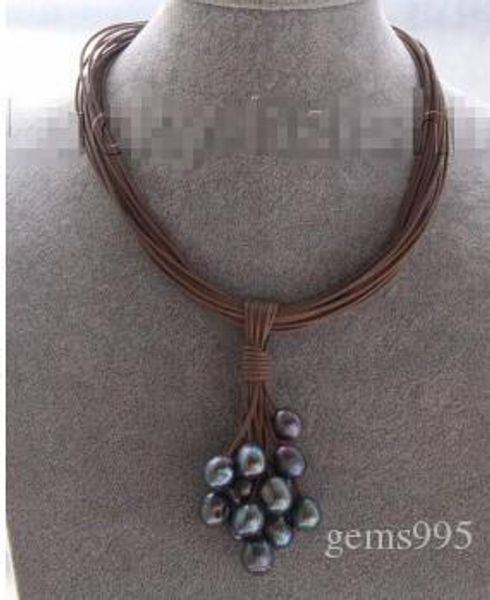 

women bridal wedding jewelry >>choker 16" 15row 14mm peacock black pearls coffee leather necklace, Silver