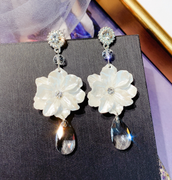 

long tassel white flower drop earrings for women bijoux water drop crystal dangle earrings fashion jewelry gifts, Silver
