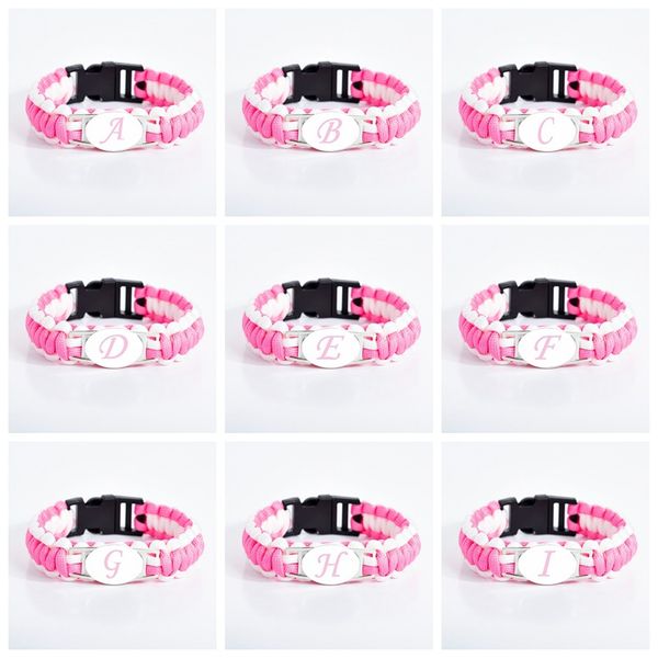 

A~Z Initial letter bracelets For Women Pink 26 Alphabet Glass charm Braided Parachute rope Wrap bracelet Bangle Fashion Jewelry Bulk