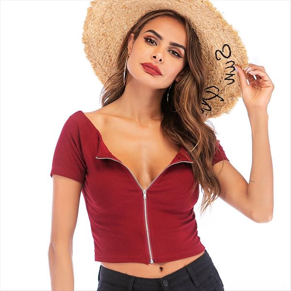 

2020 t-shirt short-sleeved navel v-neck zipper ultra short 2020 women's t-shirt women's short-sleeved navel v-neck zipper ultr, White
