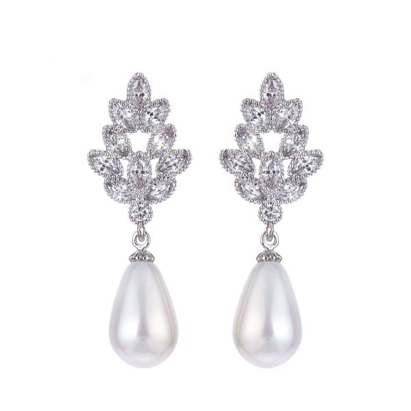 

stunning grade cz leaf wedding pearls earring clips no pierced ear clips dangle cubic zircon bridal earring bridesmai, Silver