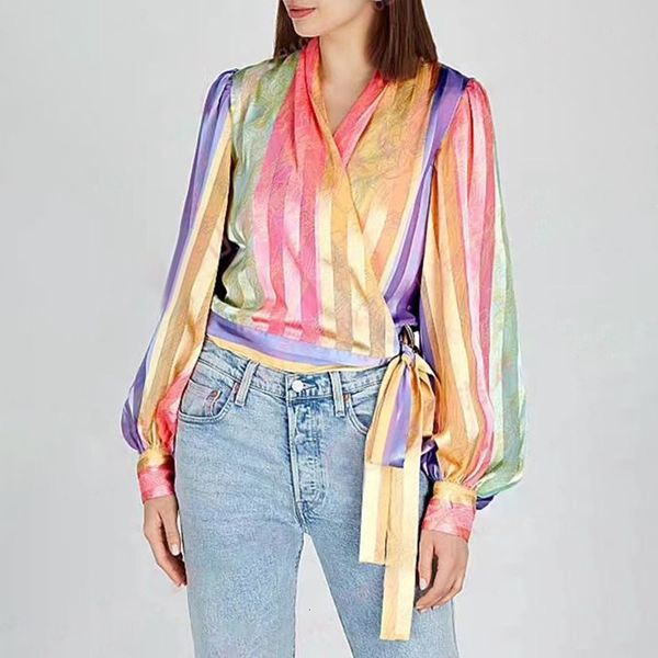 

2020 spring new style v-neck bubble sleeve rainbow striped bandage shirt women clothes, White