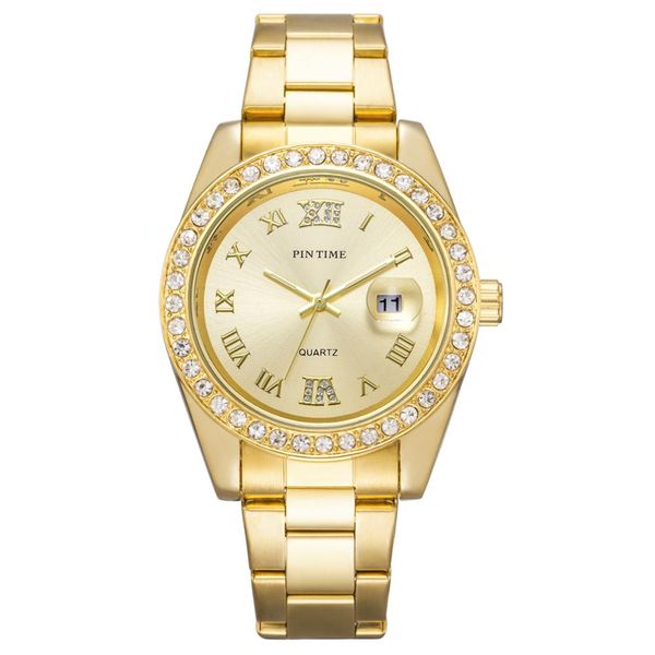 

gold watch men diamond steel date quartz wrist watch waterproof business male watches montre homme reloj hombre, Slivery;brown