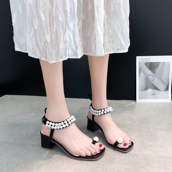 

sandals summer women elegant pearl shoes girls beach ankle strap thick heel outdoor open toe med 5518, Black