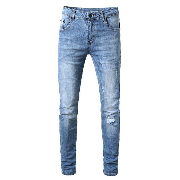 

moruancle men straight ripped jeans pants with holes stretch distressed denim trousers for male washed plus size 28-42, Blue