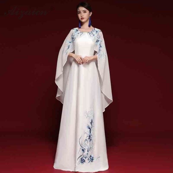 

chinese traditional evening dress with showl qi pao women blue white long cheongsam modern oriental style fashion show qipao, Red