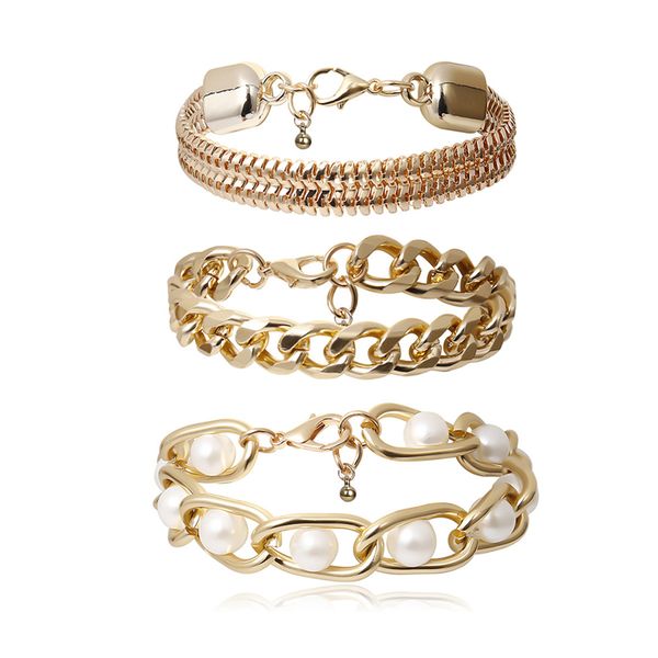 

3pcs/lot punk curb cuban thick bracelet bangle for women girl metal imitation pearl bracelet wrist chain fashion jewelry, Black