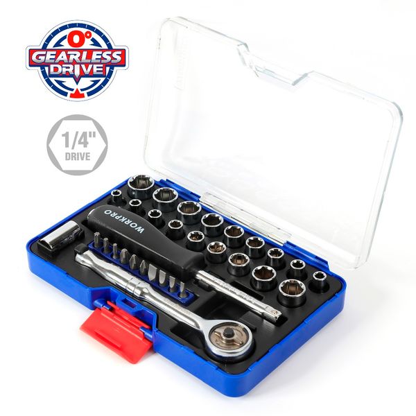 

workpro 31pc 1/4" zero degree socket wrench tool direct drive ratchet spanner sockets set