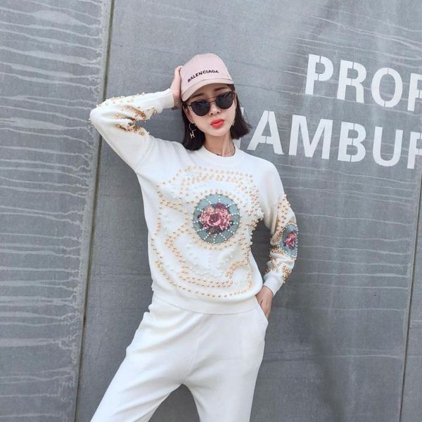 

women suit handmade embroidery beading knitted sweaters and trousers 2 pieces clothing sets female knitting suits, White
