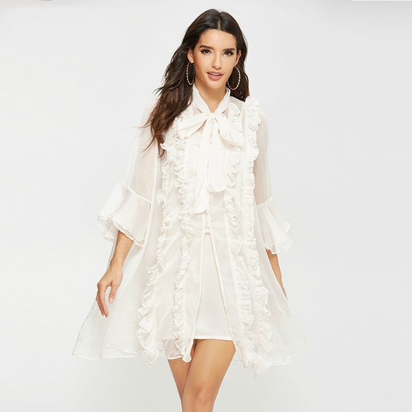 

ael krean casual chiffon women's 2 piece set dress flare sleeve bowknot perspective ruffles beach dress holiday summer 2020, Black;gray