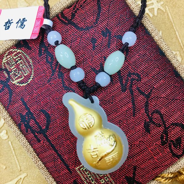 

send a-level certificate large section of natural hetian jade inlaid 24k gold good luck gourd pendant with hand-woven necklace, Silver