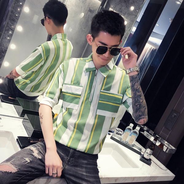 

summer striped shirt men's fashion contrast color casual pullover shirt men streetwear wild british style short sleeve, White;black